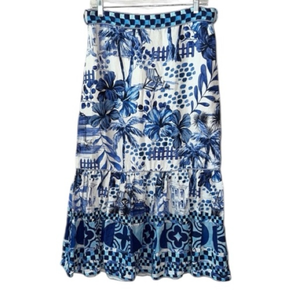 House Of Harlow 1960 Tropical Blue Linen Resort Tiered Maxi Skirt Size M